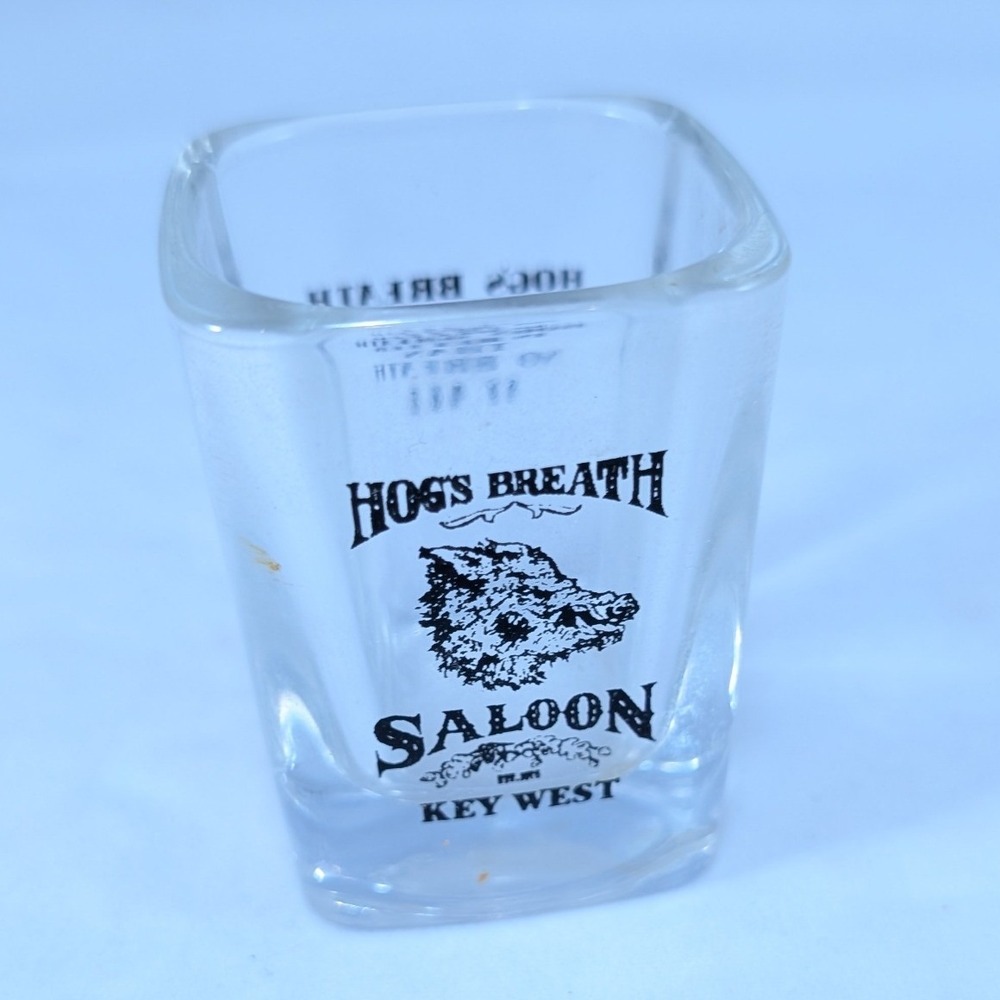 Hogs Breath Saloon Key West Square Shot Glass‎ Clear Black Logo Slogan Barware